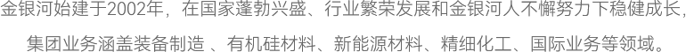 金銀河始建于2002年，在國(guó)家蓬勃興盛、行業(yè)繁榮發(fā)展和金銀河人不懈努力下穩(wěn)健成長(zhǎng)，
集團(tuán)業(yè)務(wù)涵蓋裝備制造 、有機(jī)硅材料、新能源材料、精細(xì)化工、國(guó)際業(yè)務(wù)等領(lǐng)域。
